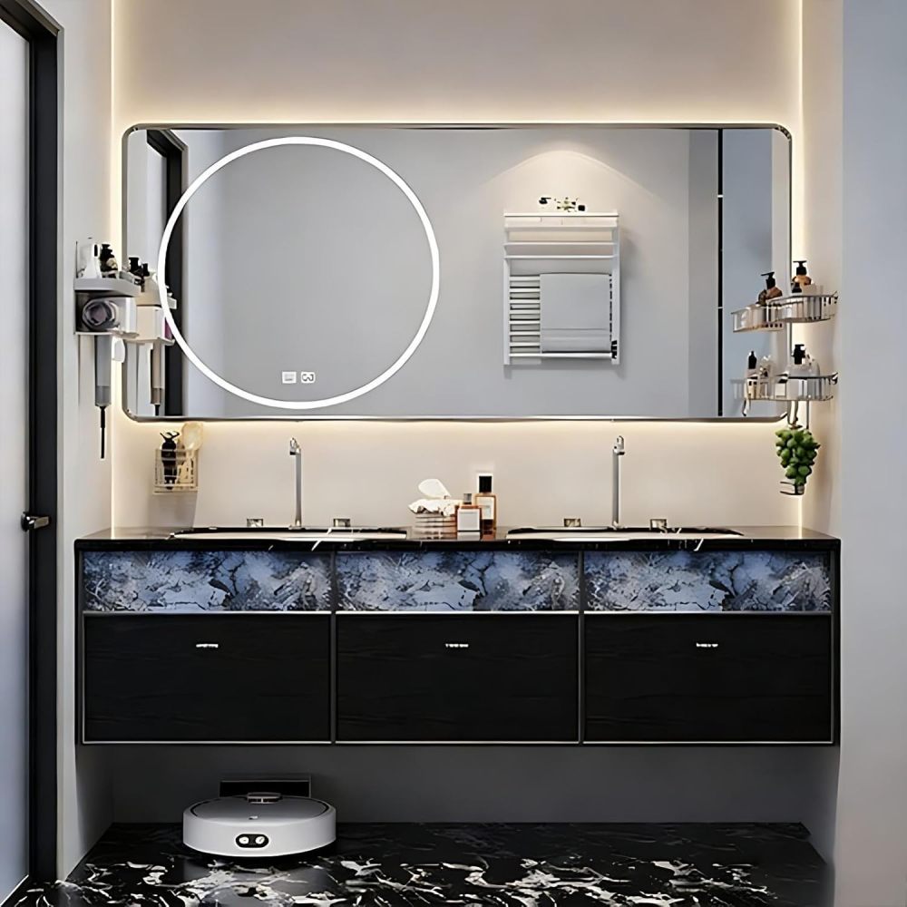 96IN Double Sink Bathroom Vanity - Modern Bathroom Vanity with Smart Defog Mirror & 3 Drawers, Floating Sink Cabinet, No Assembly Required, Black-Mirror