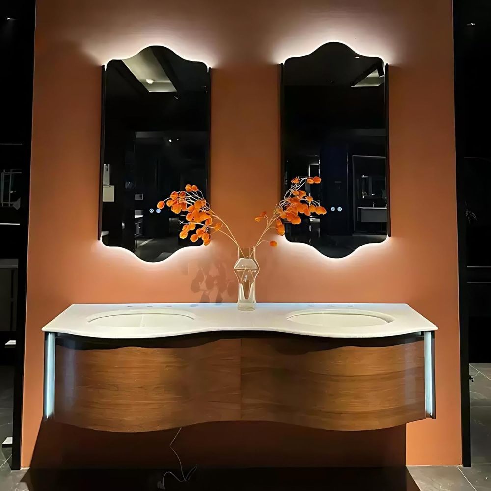 88IN Bathroom Vanity with Sink -Double Floating Sink Design with Smart Defogging Mirror, Solid Wood Bathroom Vanity Cabinet, Easy to Store, Custom Sizes - Complete Accessories, Brown