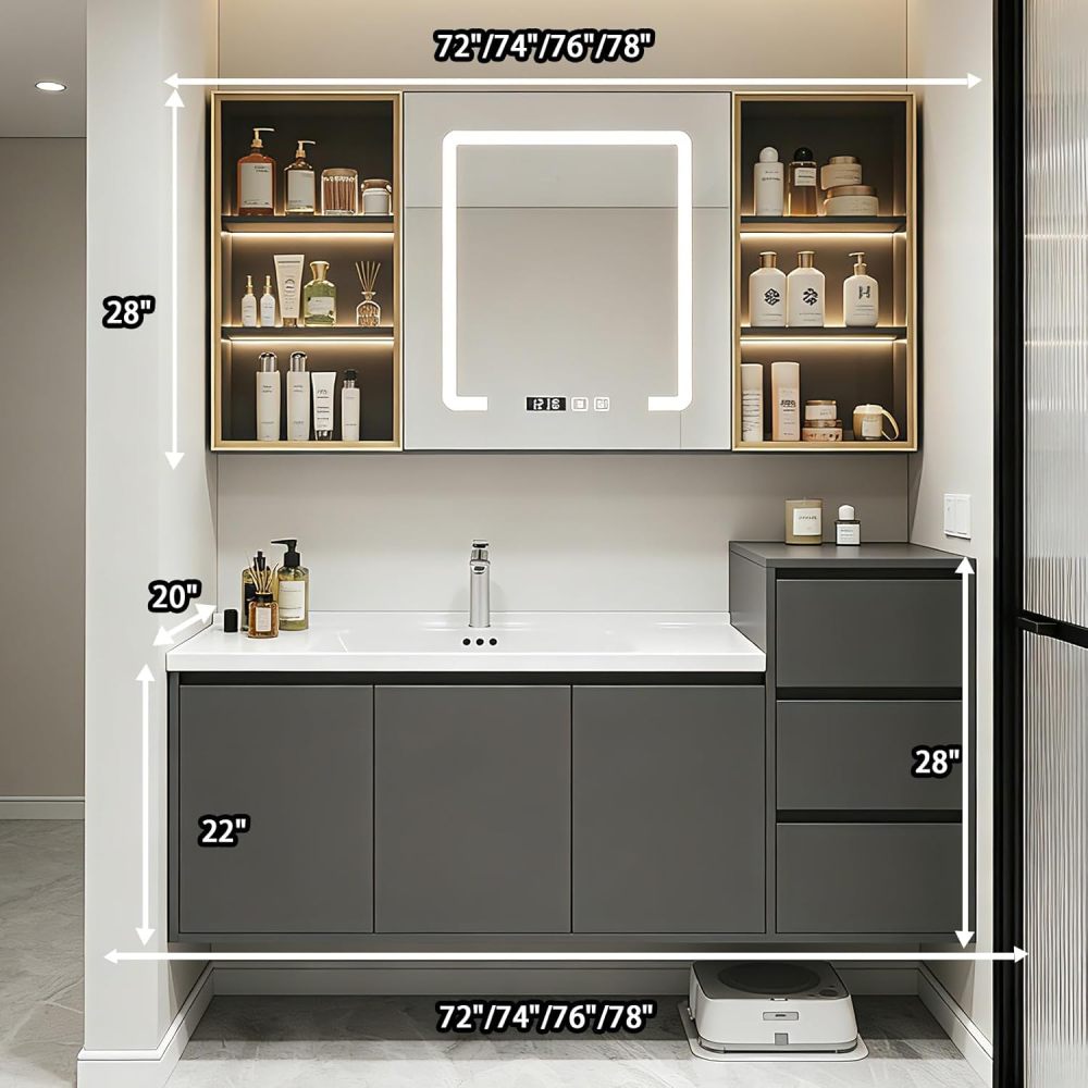 78IN Bathroom Vanity - Floating Bathroom Vanity with Seamless Sink & Multi-Functional Storage Cabinet, Includes Smart Defog Mirror, One-Touch Defog & Lighting, No Assembly Required, Gray