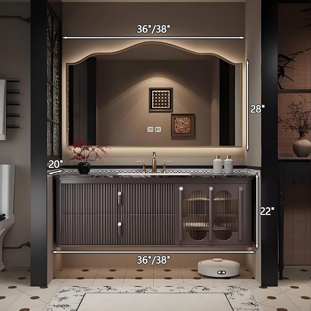 36IN Bathroom Vanity with Sink - Modern Sink Cabinet, Floating Vanity with Intelligent Defogging Mirror, Multi Layer Solid Wood & Sintered Stone Sink - Complete Accessories, Brown