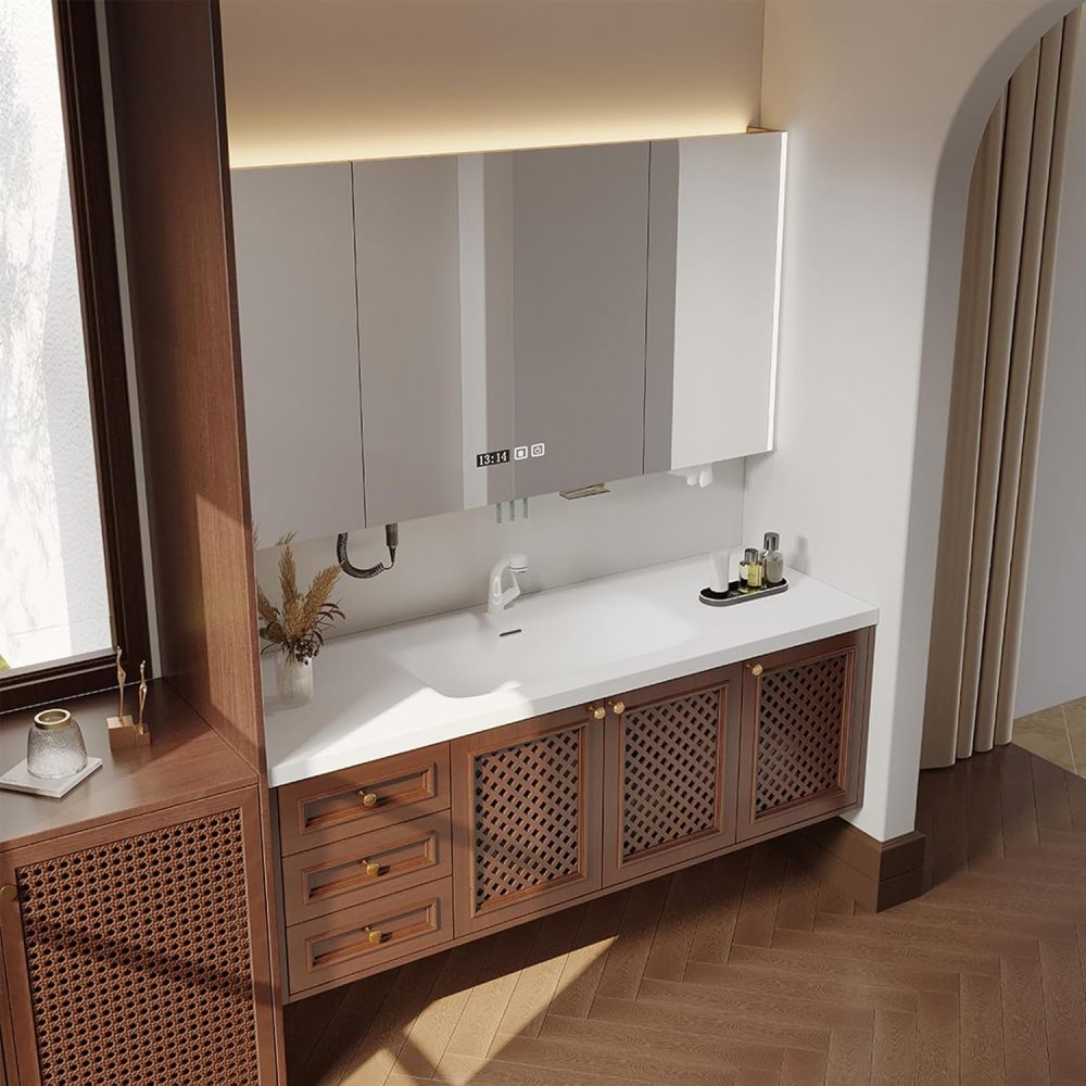 80IN Solid Wood Bathroom Vanity with Sink - Modern Single Bathroom Vanity Cabinet with Smart Defog Mirror & Ample Storage, Waterproof,Floating Design - Custom, Brown