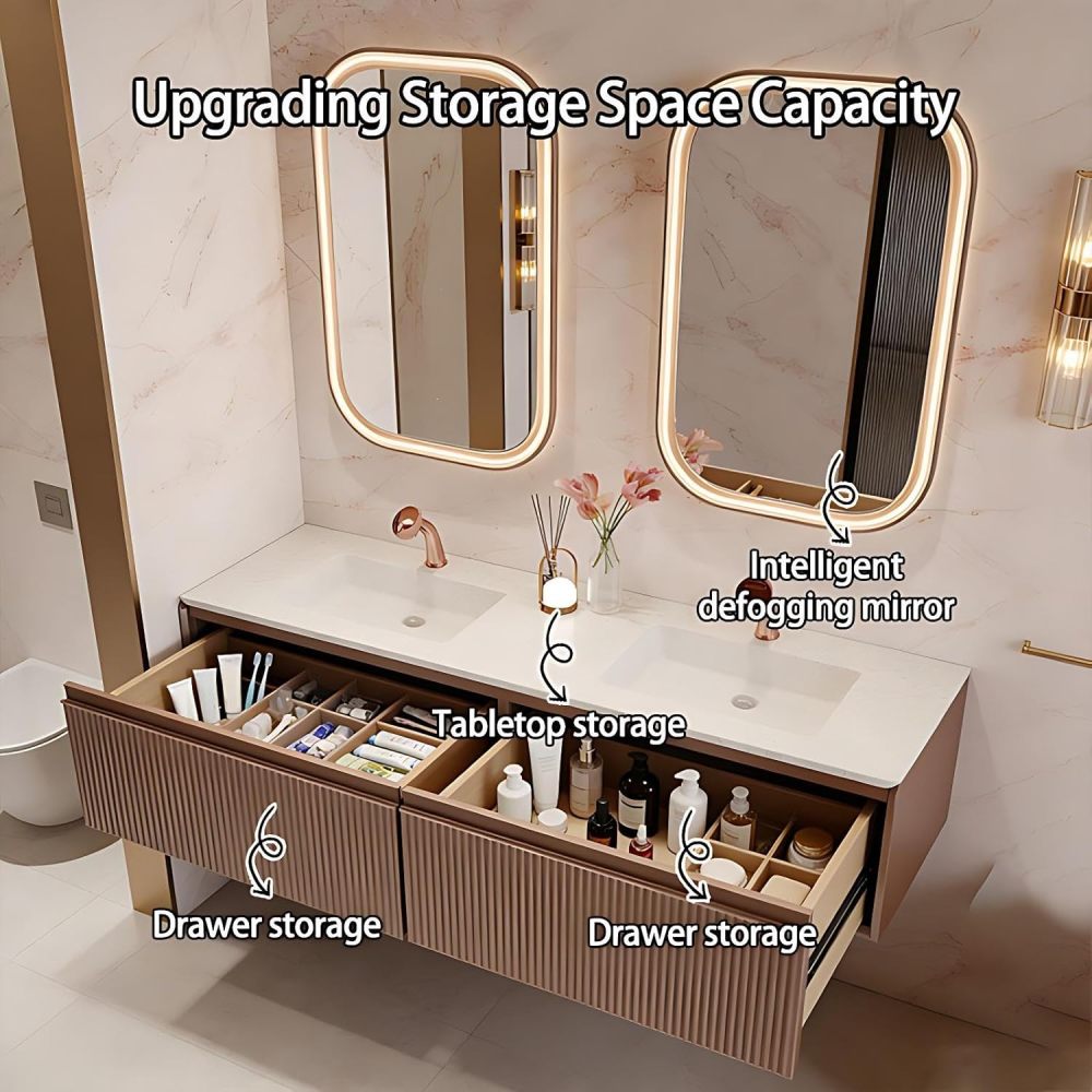 54IN Double Sink Bathroom Vanity - Solid Wood Bathroom Vanity with Smart Defog Mirror, One-Touch Defog & Lighting, Floating Sink Cabinet with 2 Drawers, No Assembly Required