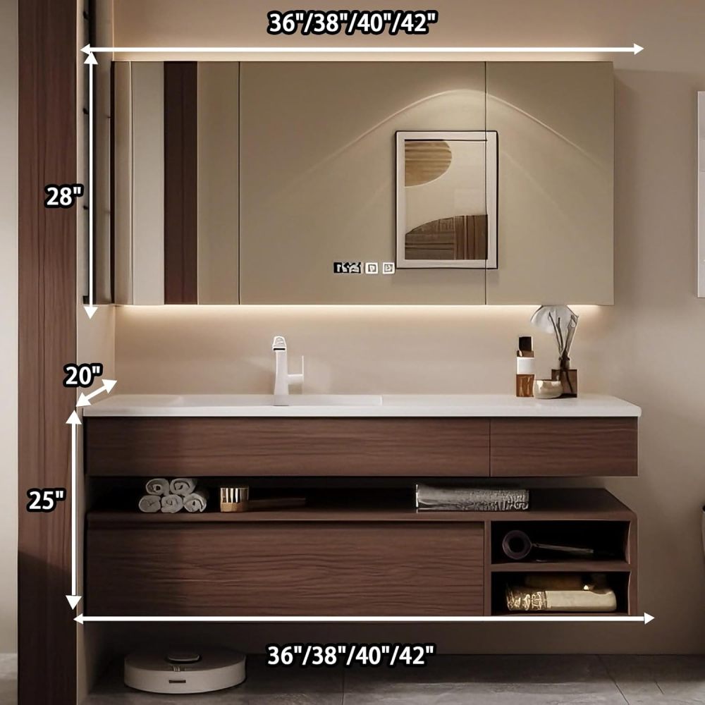 42IN Bathroom Vanity - Modern Bathroom Vanity with Seamless Sink & Multiple Storage Area, Floating Sink Cabinet with Smart Defog Mirror, No Assembly Required, Wood-A