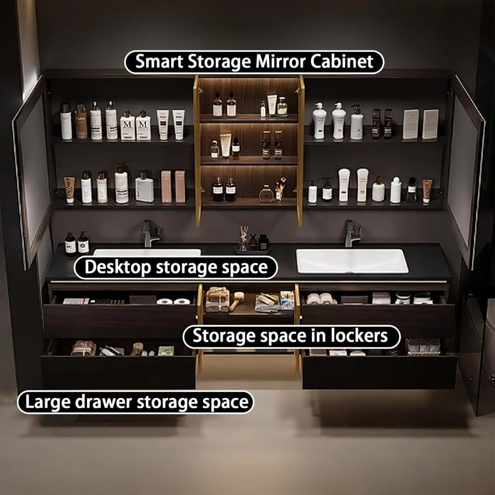 58IN Double Sink Bathroom Vanity - Luxury Bathroom Vanity with Sink & Smart Defog Mirror, Solid Wood Sink Cabinet with Multiple Storage Area, No Assembly Required, BRWO