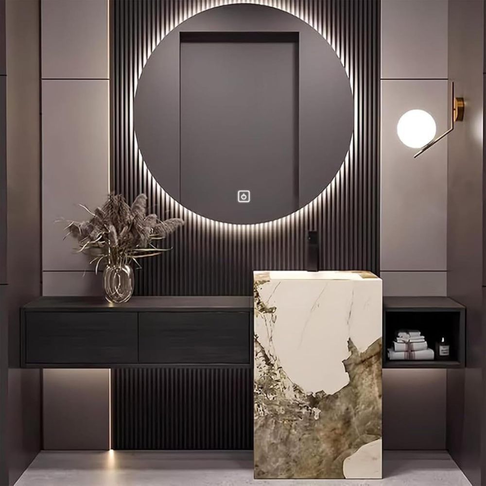 74IN Bathroom Vanity - Modern Bathroom Vanity with Smart Defog Mirror & 2 Drawers, One-Touch Defog, Floating Sink Cabinet with Seamless Sink, No Assembly Required, Black