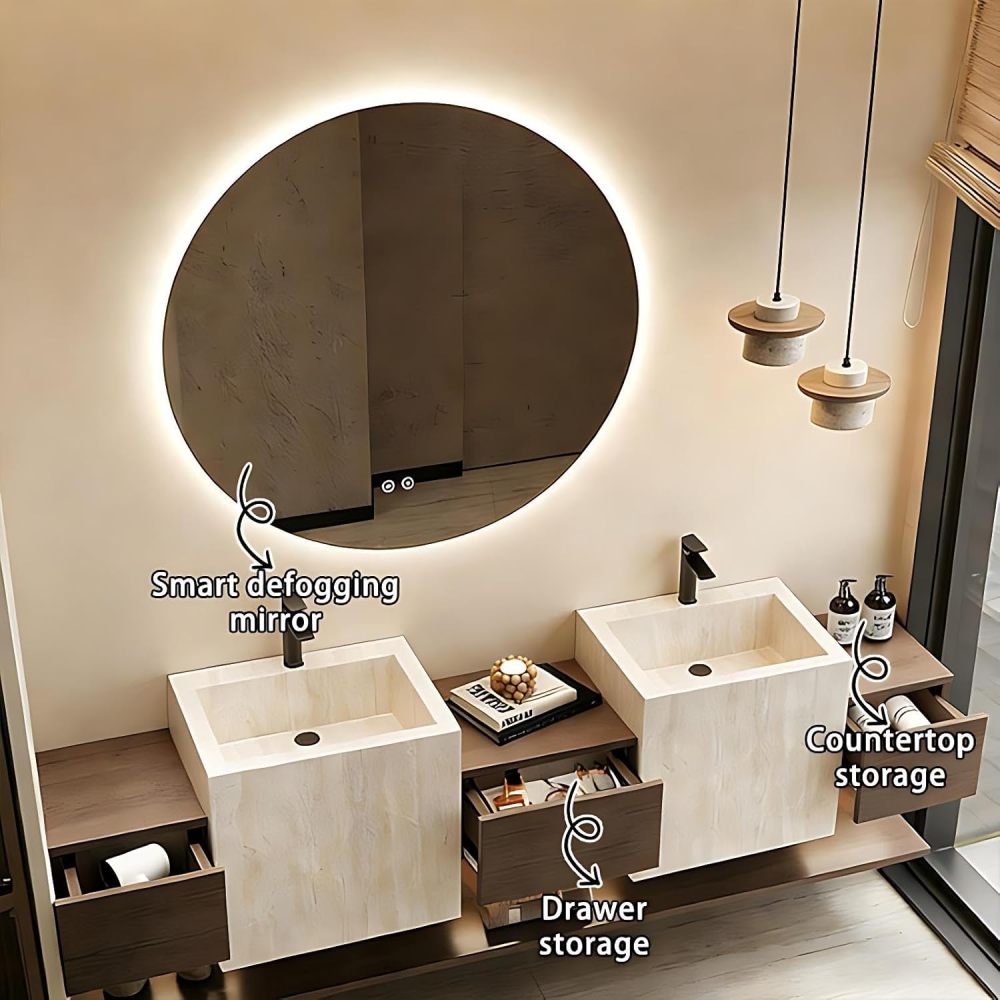 58IN Double Sink Bathroom Vanity - Modern Bathroom Vanity with Smart Defog Mirror, Floating Sink Cabinet with 3 Drawers, Complete Accessories, No Assembly Required, Grey - Mirror