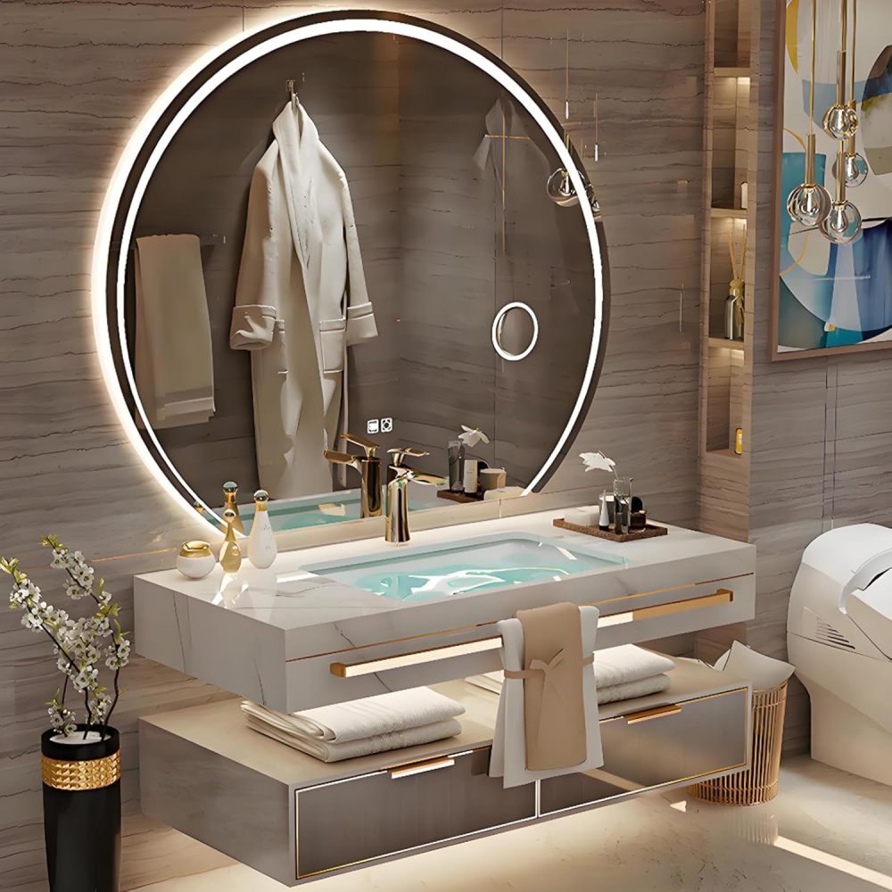 74IN Modern Bathroom Vanity with Sink - Wall-Mounted Floating Vanity Cabinet with Smart Anti-Fog Mirror, Classified Storage Drawers, Stylish Integrated Stone Sink - Easy to Install, Single Sink
