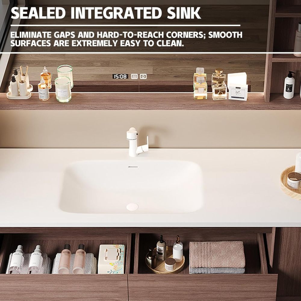 92IN Solid Wood Bathroom Vanity with Sink - Retro Bathroom Vanity Cabinet with Smart Defog Mirror, Floating Wall-Mount Design, Waterproof, Ample Storage for Bathroom, Brown