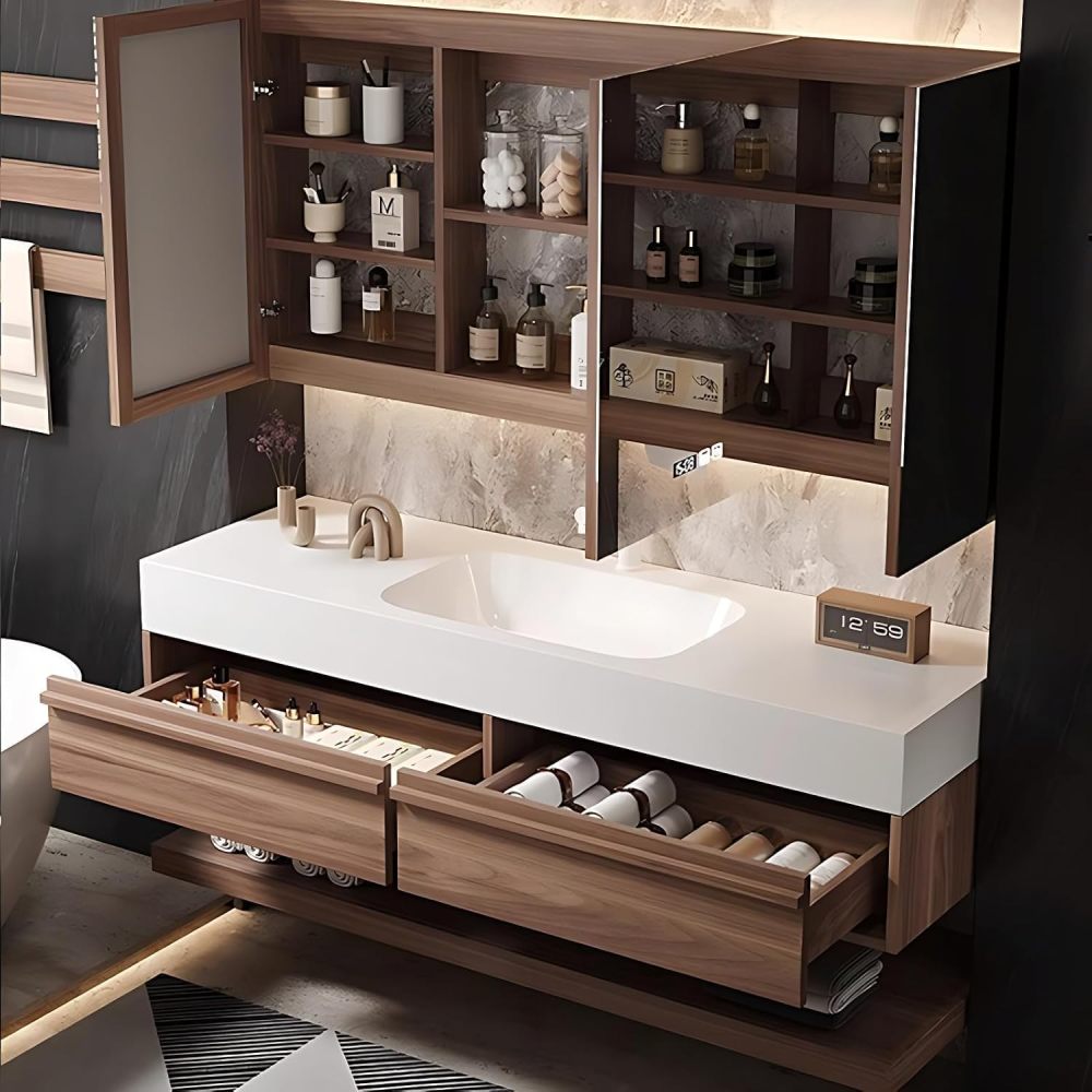 Modern Bathroom Vanity with Sink - Floating Bathroom Vanity with Smart LED Defog Mirror Medicine Cabinet, Solid Wood Sink Cabinet with 2 Drawers (60IN)