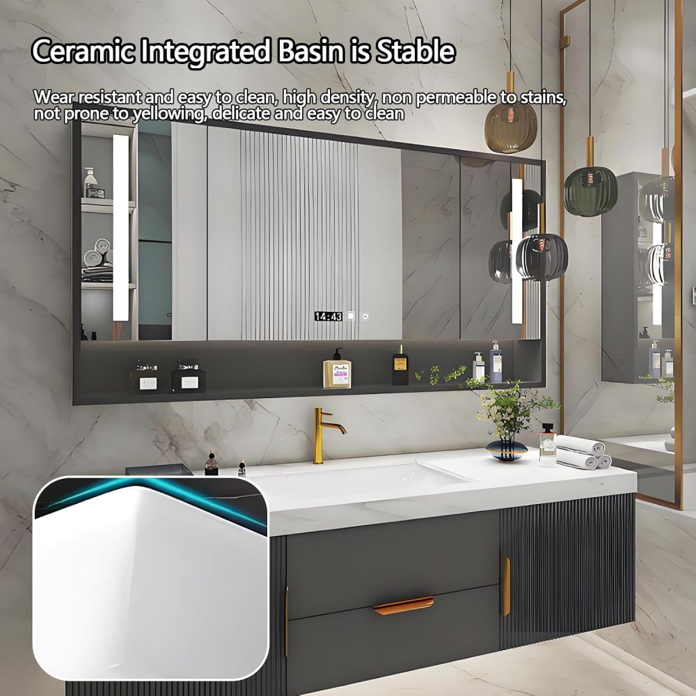 78IN Bathroom Vanity with Sink - Modern Bathroom Sink Cabinet with Storage, Floating Vanity with Smart Defogger Mirror & Sintered Stone Top, Solid Wood - Easy to Install, Black B