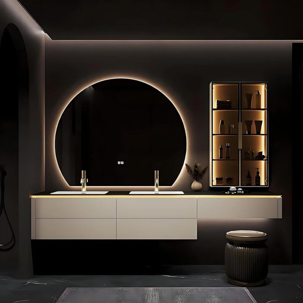 64IN Double Sink Bathroom Vanity - Luxury Bathroom Vanity with Smart Defog Mirror, One-Touch Defog & Lighting, Floating Sink Cabinet with 2 Drawers, Includes a Stool, White
