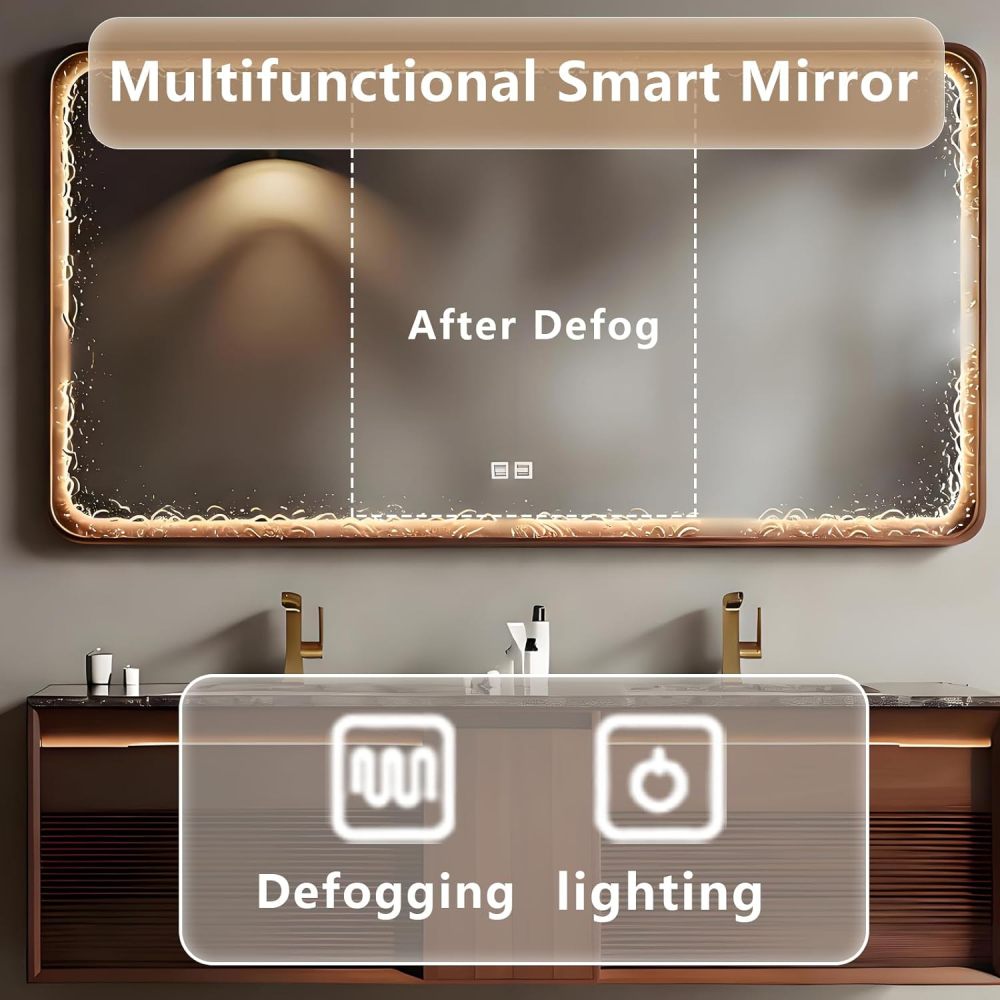 36IN Double Sink Bathroom Vanity - Modern Bathroom Vanity with Smart Defog Mirror & Seamless Sink, Solid Wood Floating Bathroom Sink Cabinet with 2 Drawers, No Assembly Required, Mirror Cabinet