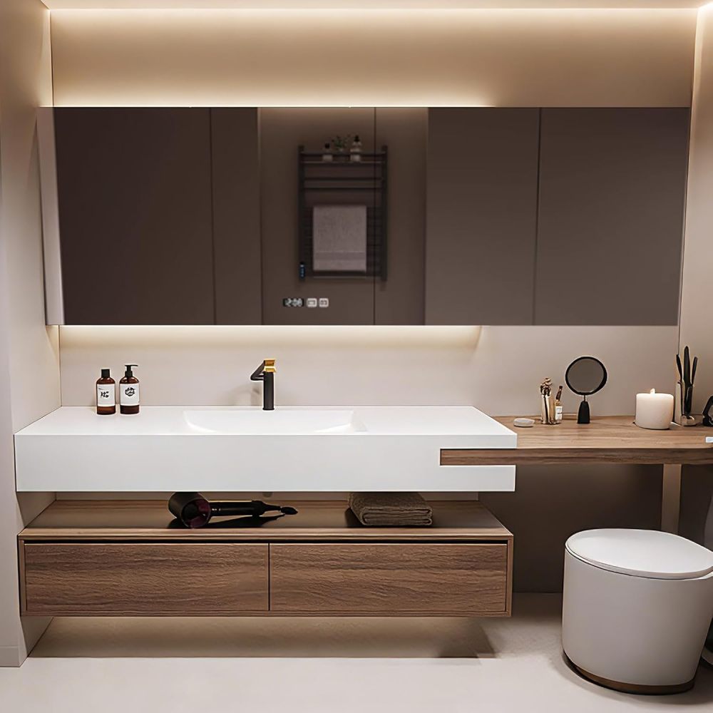 52IN Bathroom Vanity - Stylish Bathroom Vanity with Sink & Multiple Storage Area, Simple Sink Cabinet with Makeup Vanity & Smart Defog Mirror, Includes Makeup Stool, No Assembly Required,