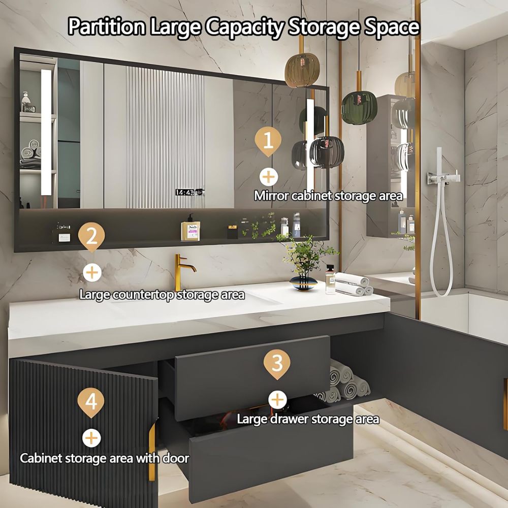 78IN Bathroom Vanity with Sink - Modern Bathroom Sink Cabinet with Storage, Floating Vanity with Smart Defogger Mirror & Sintered Stone Top, Solid Wood - Easy to Install, Black B