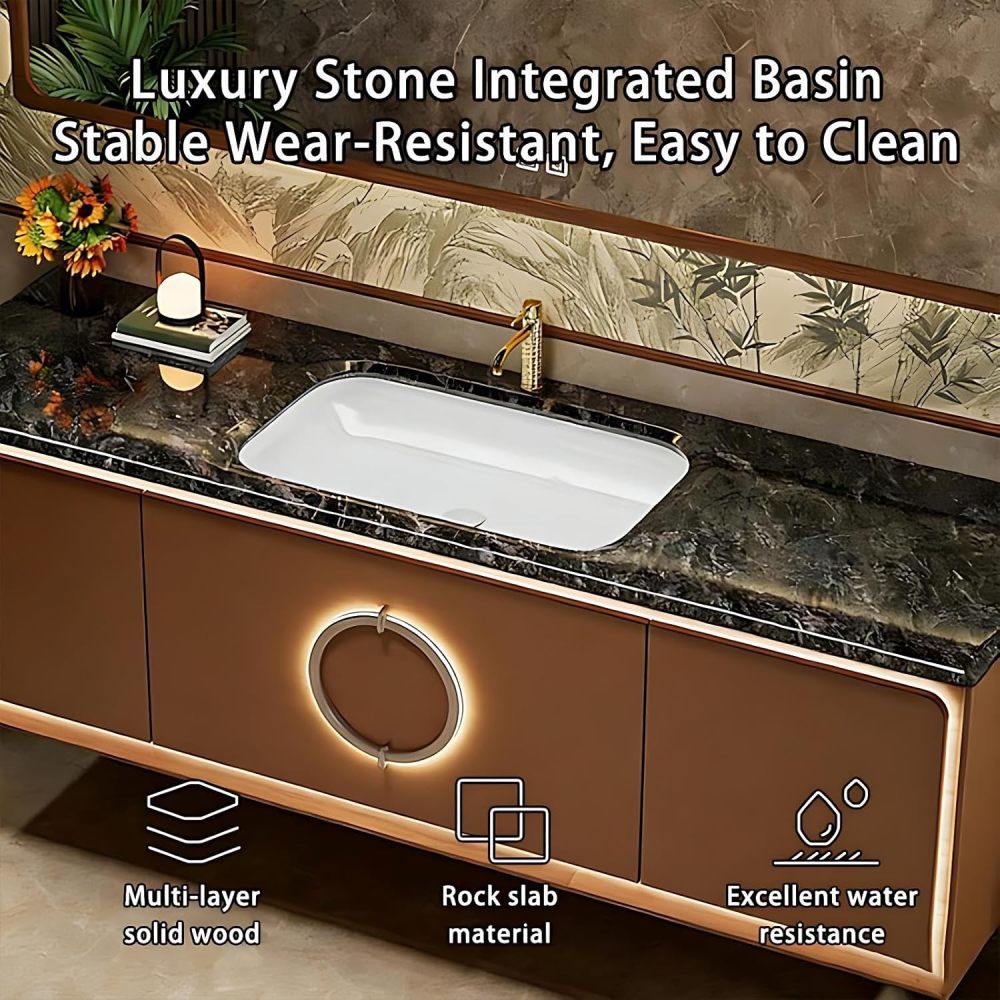46IN Bathroom Vanity - Solid Wood Bathroom Vanity with 3 Drawers and Smart Defog Mirror, Modern Floating Sink with Seamless Sink, Complete Accessories, No Assembly Required, Mirror Cabinet