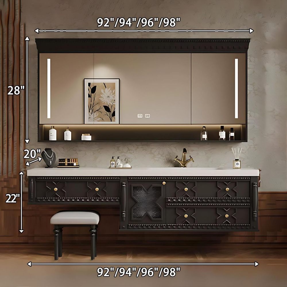 98IN Bathroom Vanity with Sink - Solid Wood Sink Cabinet with Smart Defog Mirror, Bathroom Vanity with 3 Drawers & Makeup Vanity, Includes Makeup Stool, No Assembly Required, Black