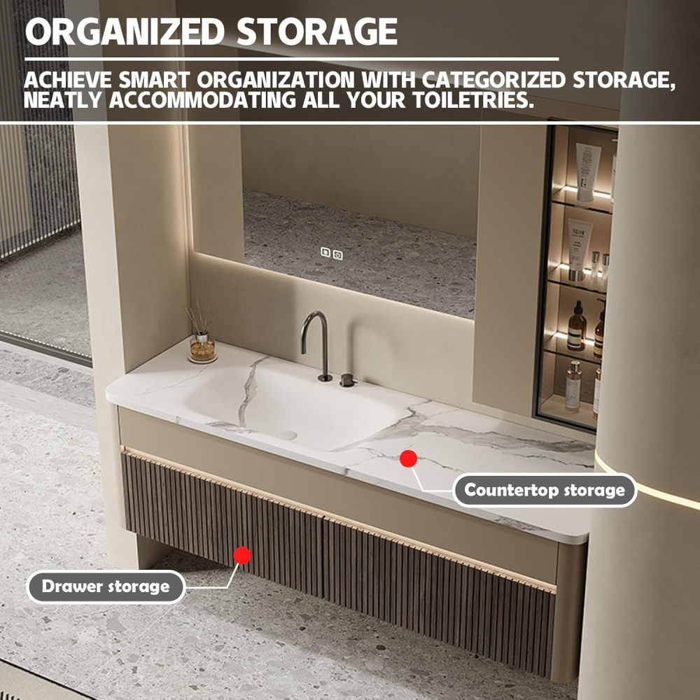 100IN Modern Solid Wood Bathroom Vanity with Sink - Bathroom Vanity Cabinet with Smart Anti-Fog Mirror, Integrated Stone Sink, Silent Drawers - Customizable Size, Brown