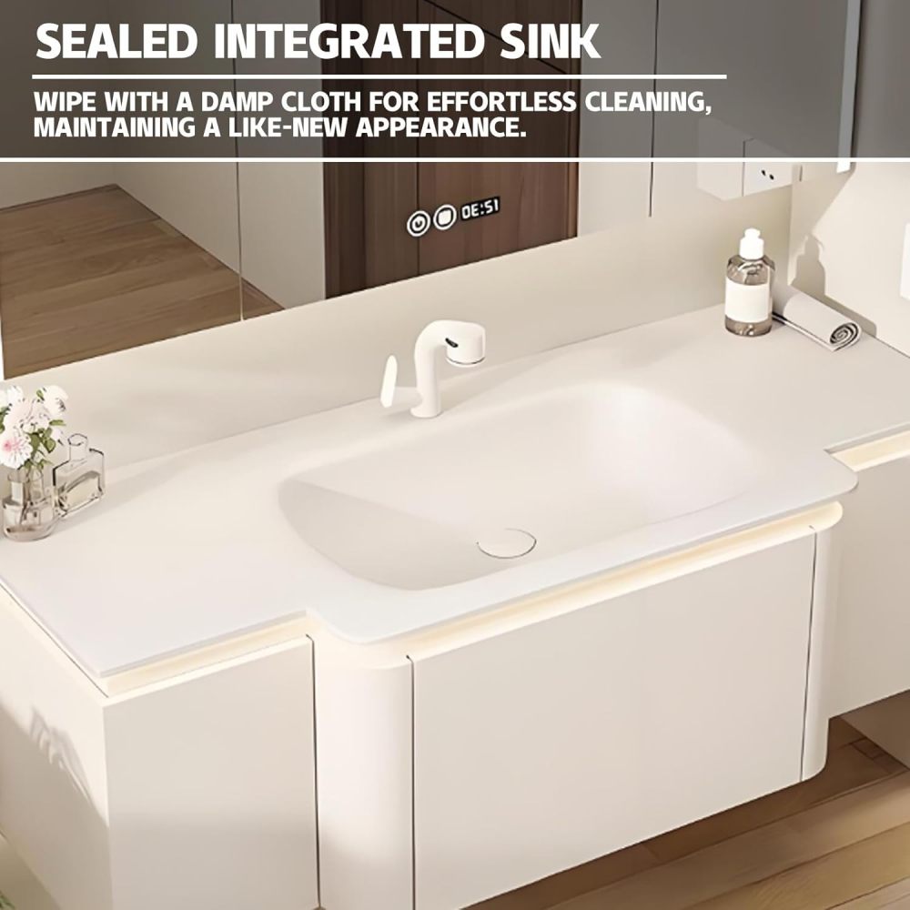 94IN Modern Solid Wood Bathroom Vanity with Sink - Single Floating Sink, Bathroom Vanity Cabinet with Smart Anti-Fog Mirror, Ample Storage, Integrated Stone Sink|Customizable, Mirror