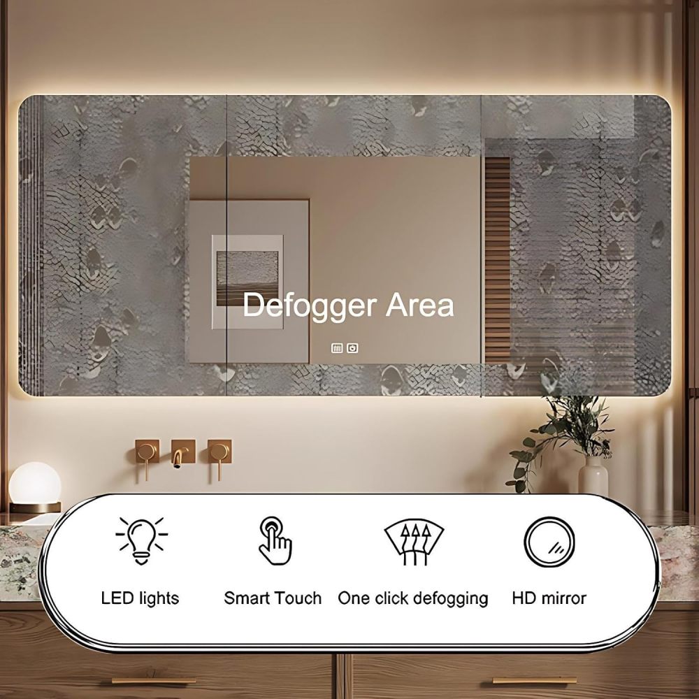 58IN Bathroom Vanity with Sink - Solid Wood Bathroom Vanity with Multiple Storage Area, Includes Smart Defog Mirror, One-Touch Defog & Lighting, No Assembly Required, Wood