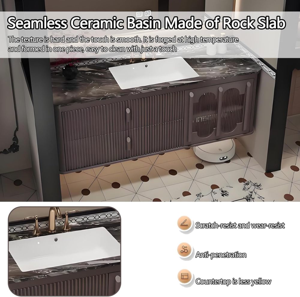 36IN Bathroom Vanity with Sink - Modern Sink Cabinet, Floating Vanity with Intelligent Defogging Mirror, Multi Layer Solid Wood & Sintered Stone Sink - Complete Accessories, Brown