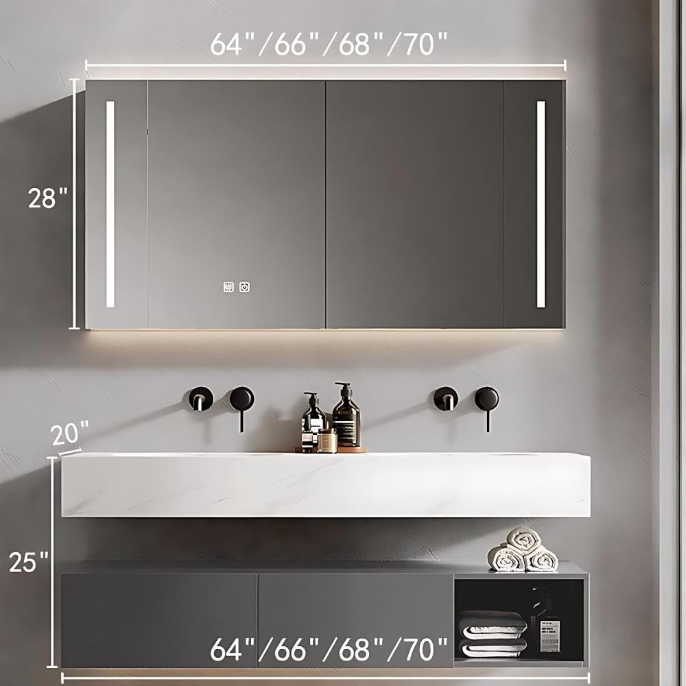 64IN Double Sink Bathroom Vanity - Simple Bathroom Vanity with Smart Defog Mirror, Solid Wood Sink Cabinet with Multiple Storage Areas, No Assembly Required, Gray