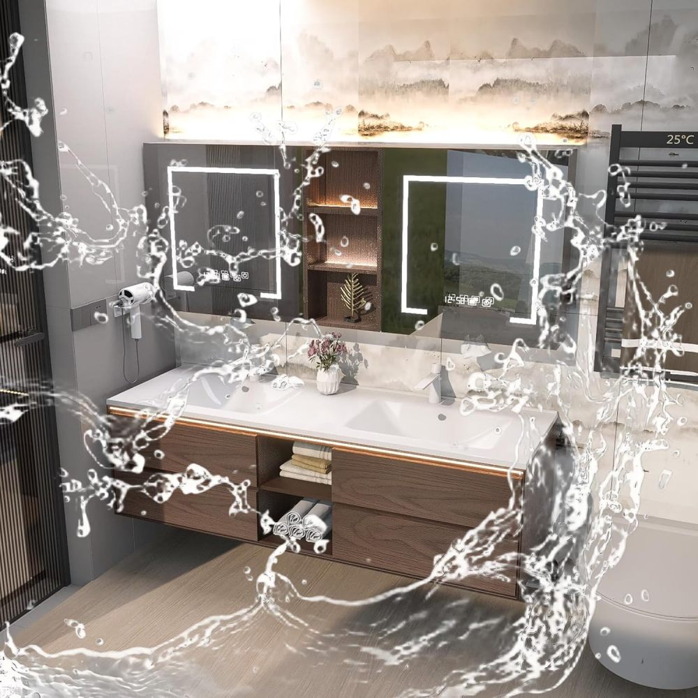 56IN Bathroom Vanity - Modern Bathroom Vanity with Sink & 4 Drawers, Solid Wood Sink Cabinet with Smart Defogging Mirror and Open Storage Space, No Assembly Required, Wood