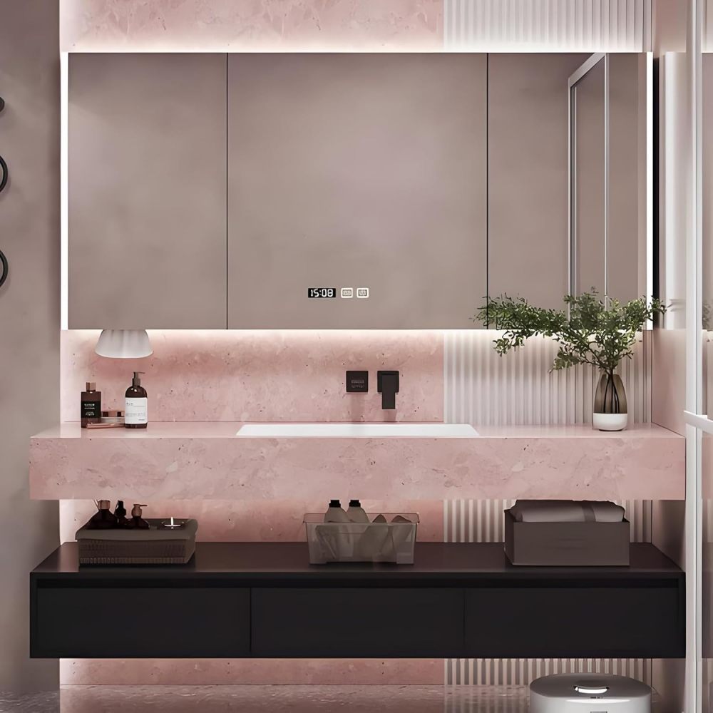 46IN Bathroom Vanity - Luxury Bathroom Vanity with Smart Defog Mirror, Floating Sink Cabinet with 3 Drawers & Open Storage Area, Complete Accessories, No Assembly Required, Pink Mirror Cabinet