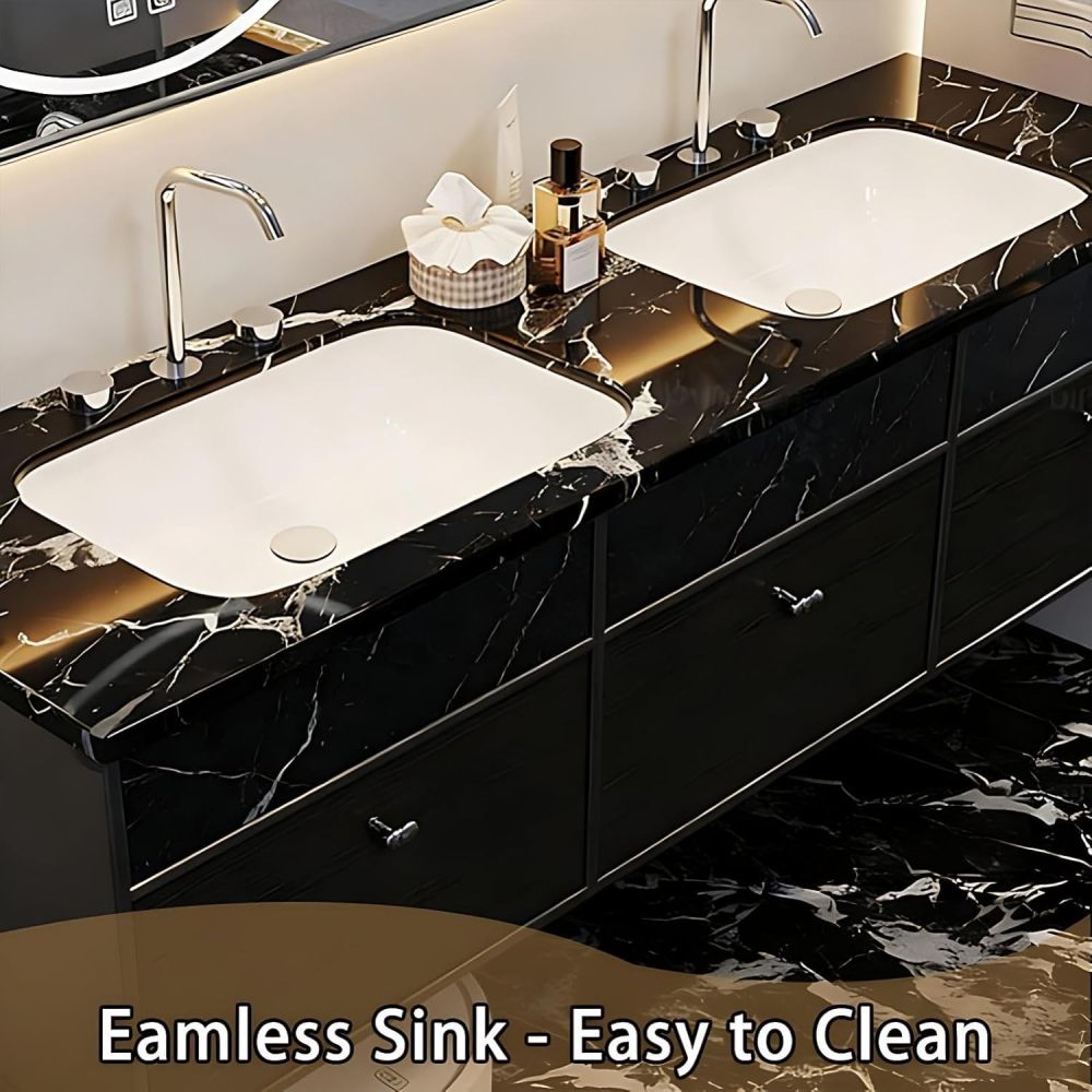96IN Double Sink Bathroom Vanity - Modern Bathroom Vanity with Smart Defog Mirror & 3 Drawers, Floating Sink Cabinet, No Assembly Required, Black-Mirror
