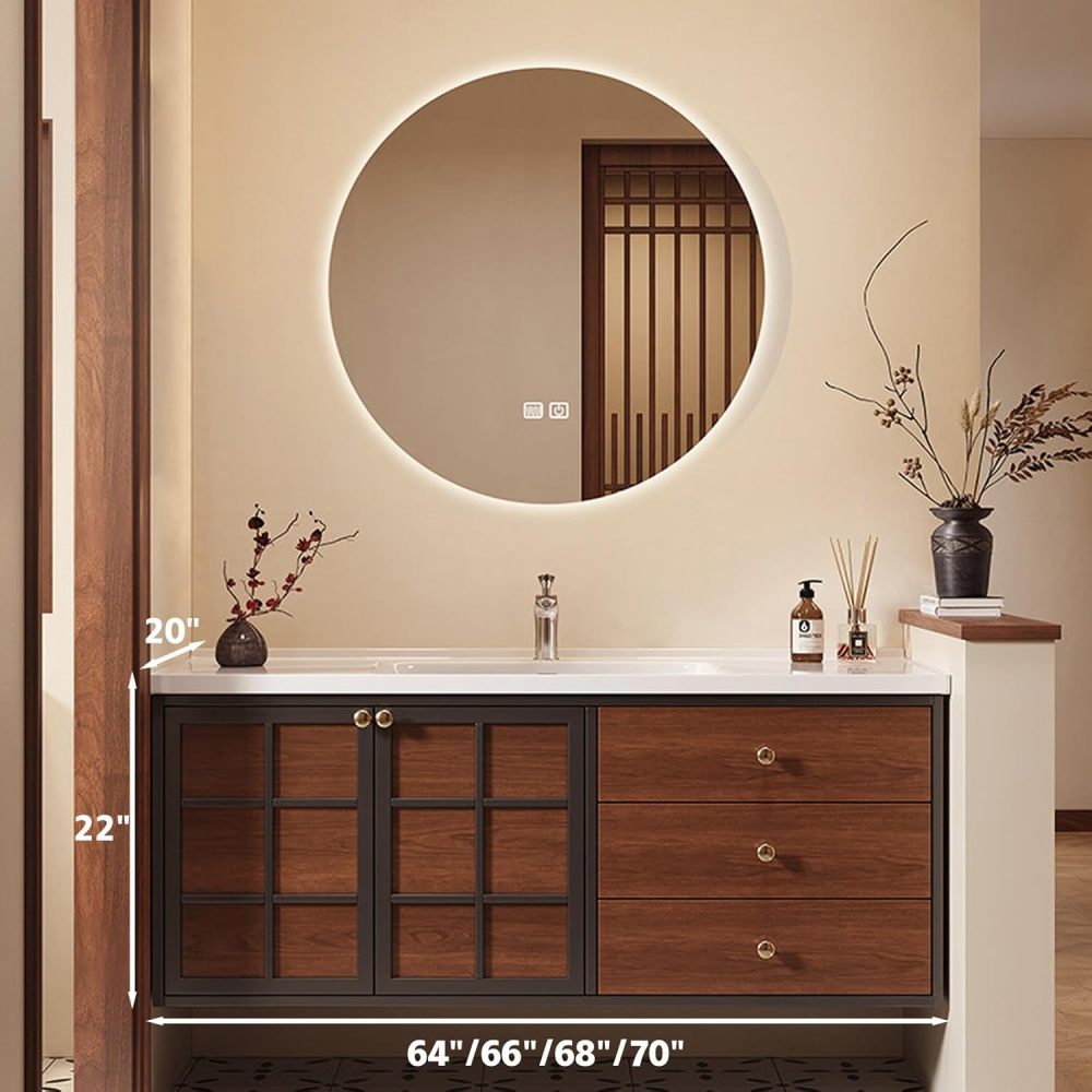 68IN Wood Bathroom Vanity with Sink - Single Floating Sink Design, Solid Wood Bathroom Vanity Cabinet with Anti-Fog Smart Mirror & Roomly Storage - Customizable Sizes, Mirror A