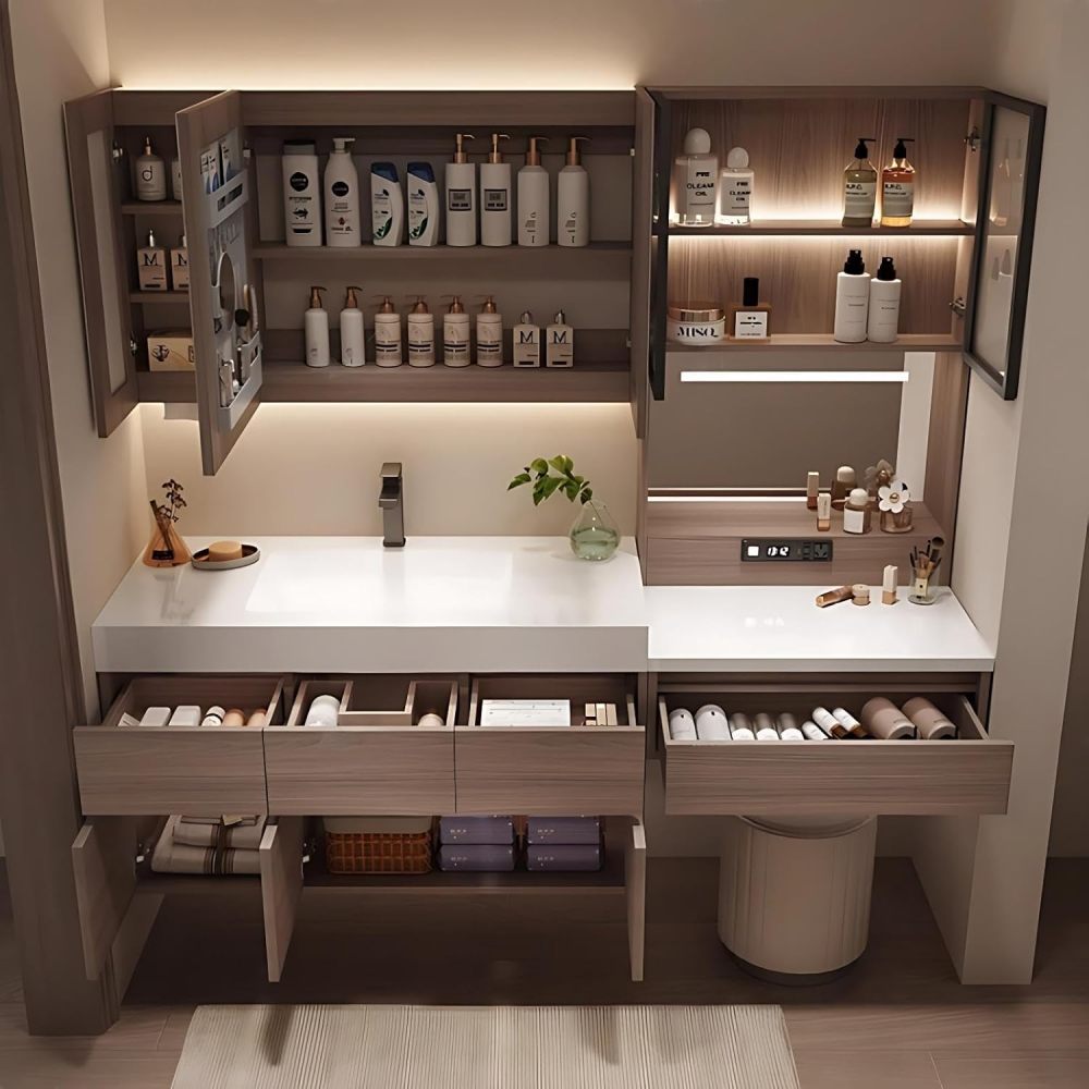 68 inch Bathroom Vanity with Sink – Wall Mounted Bathroom Cabinet with Seamless Basin, Anti-Fog Mirror, Includes Makeup Stool, Fully Assembled