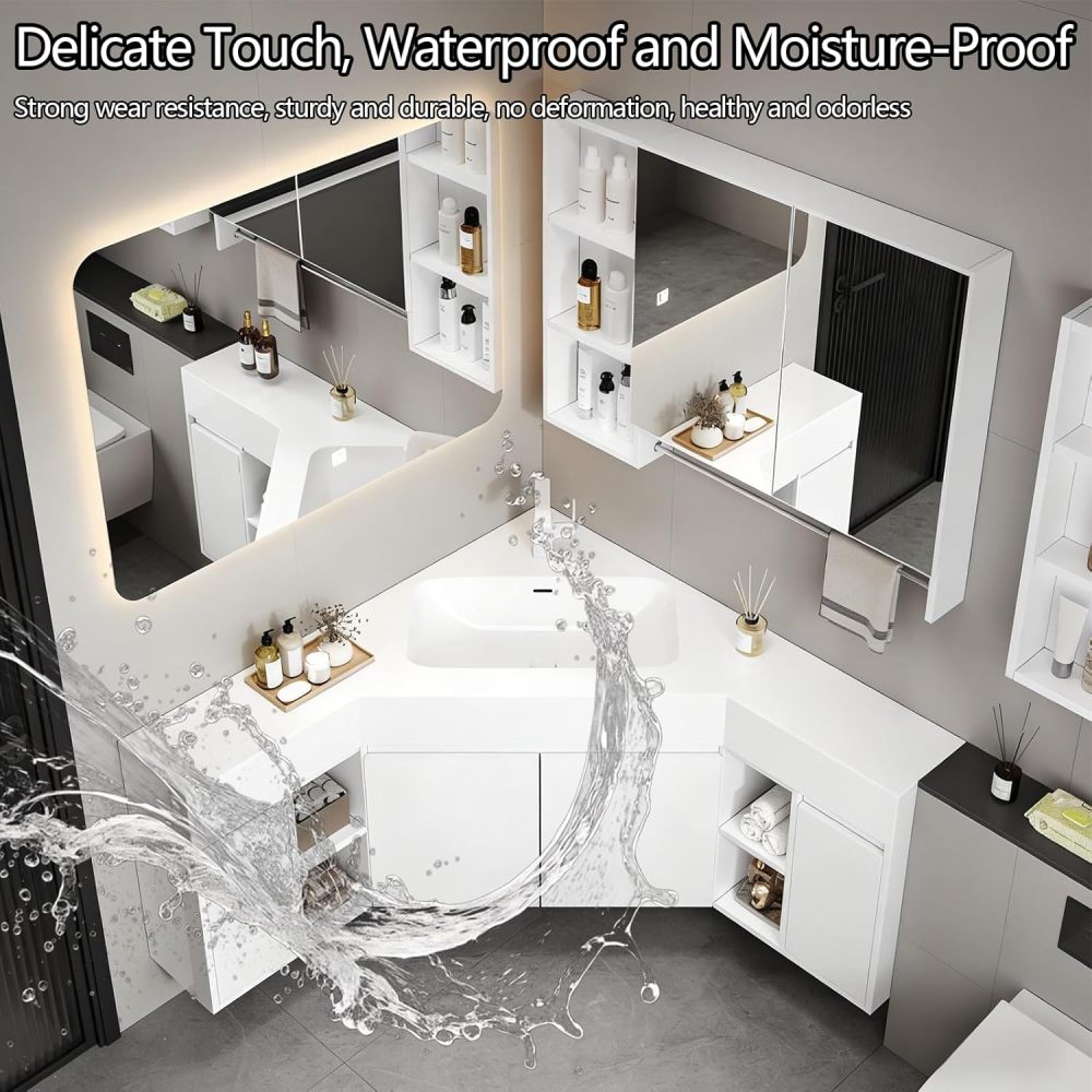 60IN Corner Bathroom Vanity with Sink - Modern Solid Wood Bathroom Vanity Cabinet with Smart Defog Mirror & Storage Mirror Cabinet, Single Floating Sink Design - Complete Accessories