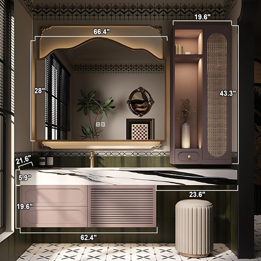 86IN Bathroom Vanity with Sink - Single Sink Vanity with Makeup Chair, Solid Wood Bathroom Cabinet, Intelligent Defogging, Silent Buffering, Custom Size - Complete Accessories Pink