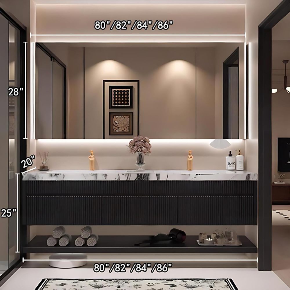 80IN Bathroom Vanity with Sink - Solid Wood Bathroom Vanity with Seamless Sink and 3 Drawers, Includes Smart Defog Mirror, One-Touch Defog & Lighting, No Assembly Required, Off - White