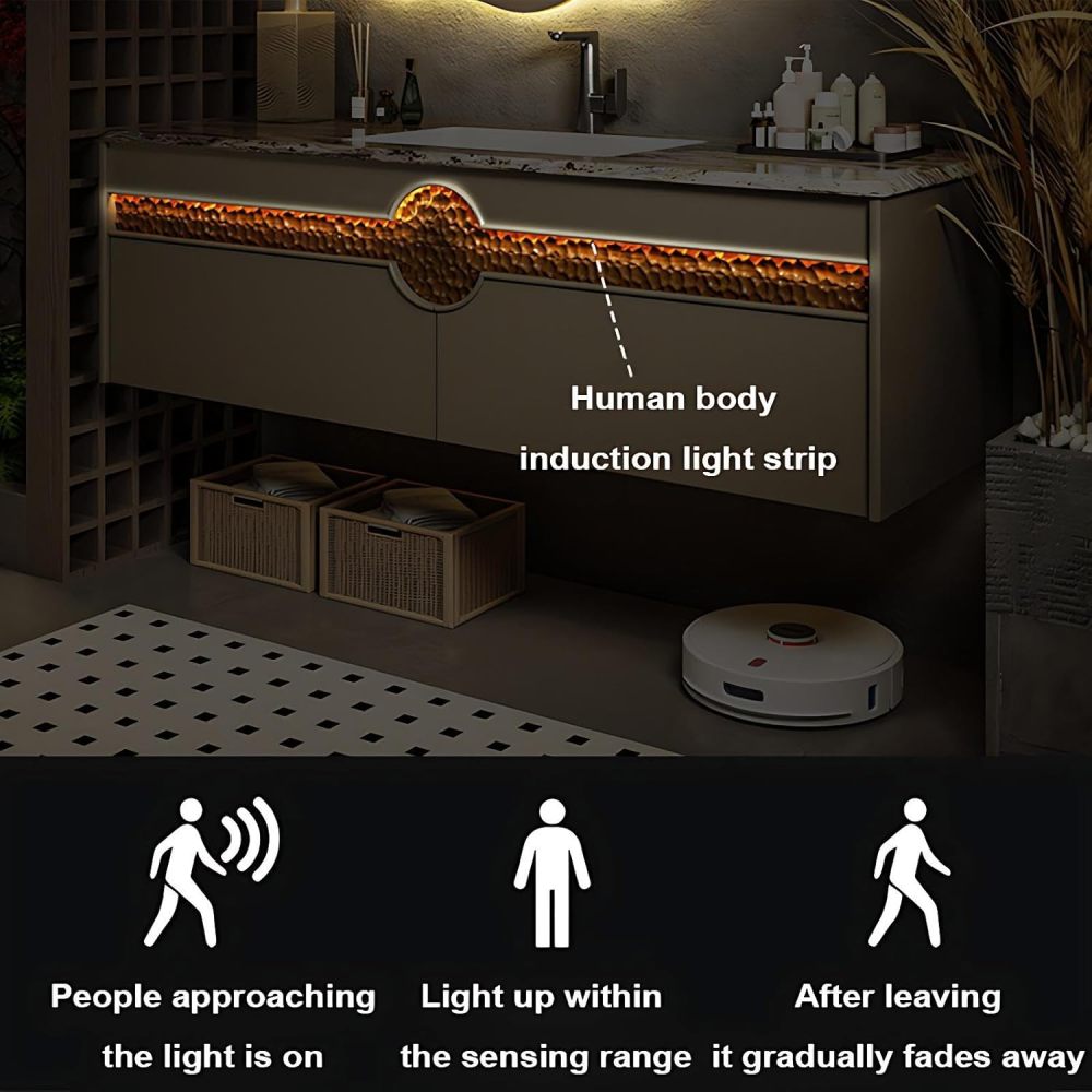 94IN Bathroom Vanity with Sink - Modern Bathroom Sink Cabinet with Smart Sensor Light&Smart Defrost Mirror, Solid Wood Floating Vanity, Customizable - Complete Accessories, Brown