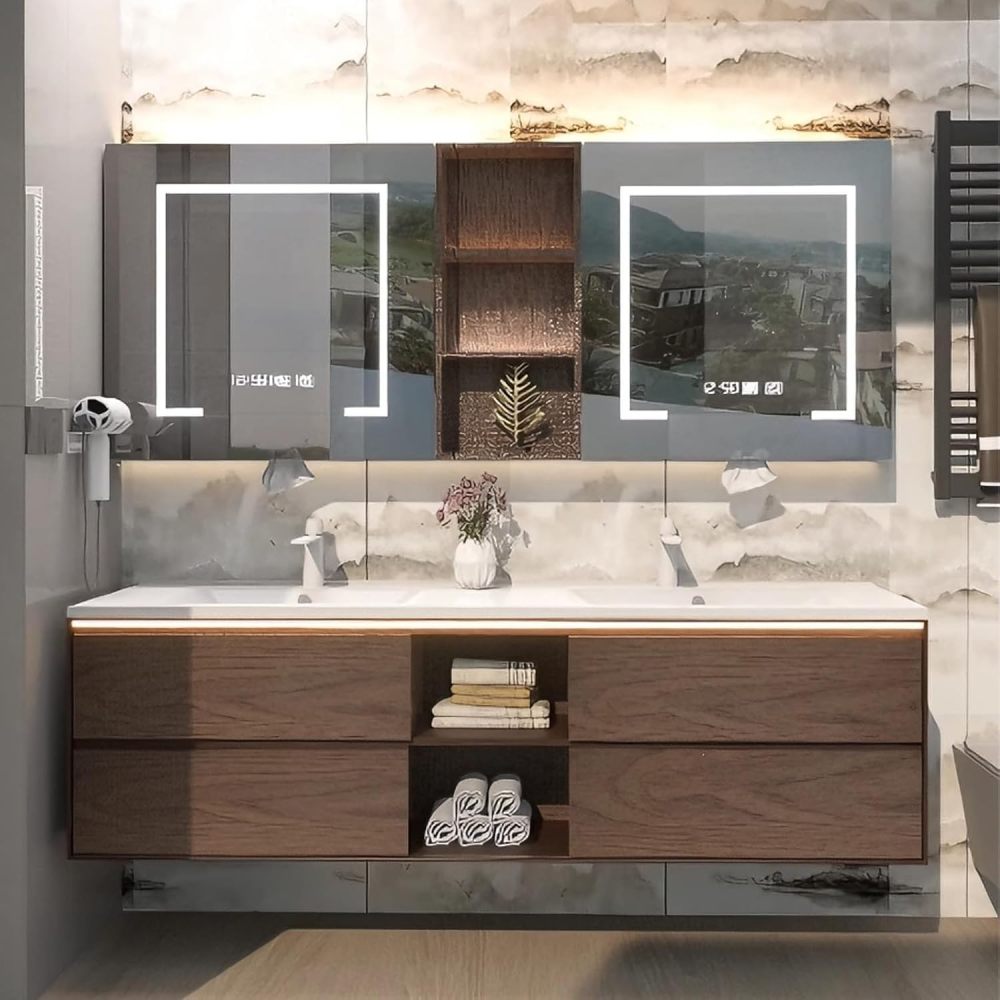 56IN Bathroom Vanity - Modern Bathroom Vanity with Sink & 4 Drawers, Solid Wood Sink Cabinet with Smart Defogging Mirror and Open Storage Space, No Assembly Required, Wood