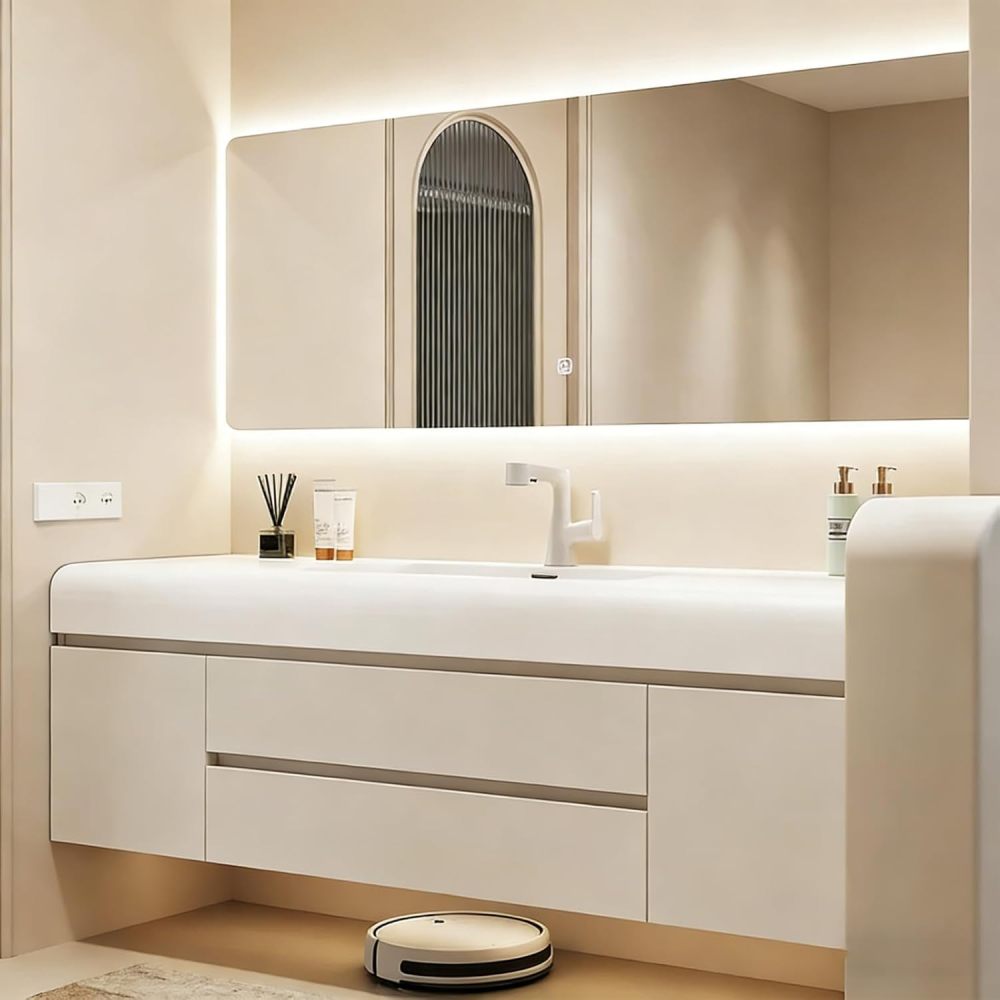 100IN Bathroom Vanity - Modern Bathroom Vanity with Smart Defog Mirror Cabinet, One-Touch Defog, Solid Wood Sink Cabinet with Drawers & Doors, No Assembly Required, White