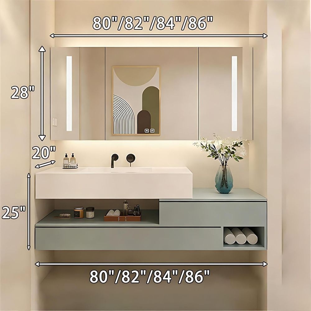 86IN Bathroom Vanity with Sink - Modern Bathroom Vanity with Smart Defog Mirror Cabinet, One-Touch Defog & Lighting, Solid Wood Sink Cabinet with 2 Drawers & Open Storage, Wood - B