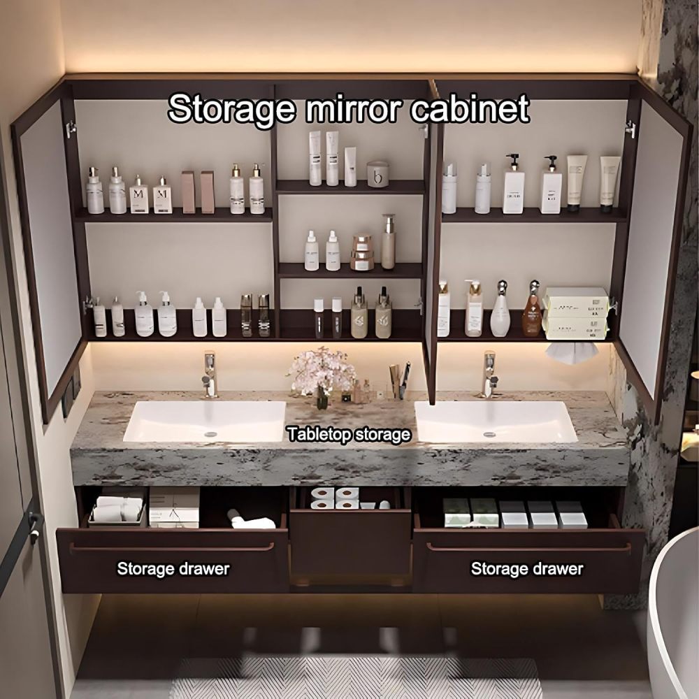92IN Double Sink Bathroom Vanity - Floating Bathroom Vanity with 3 Large Capacity Drawers, Includes Smart Defog Mirror, One-Touch Defog & Lighting, No Assembly Required, Brown