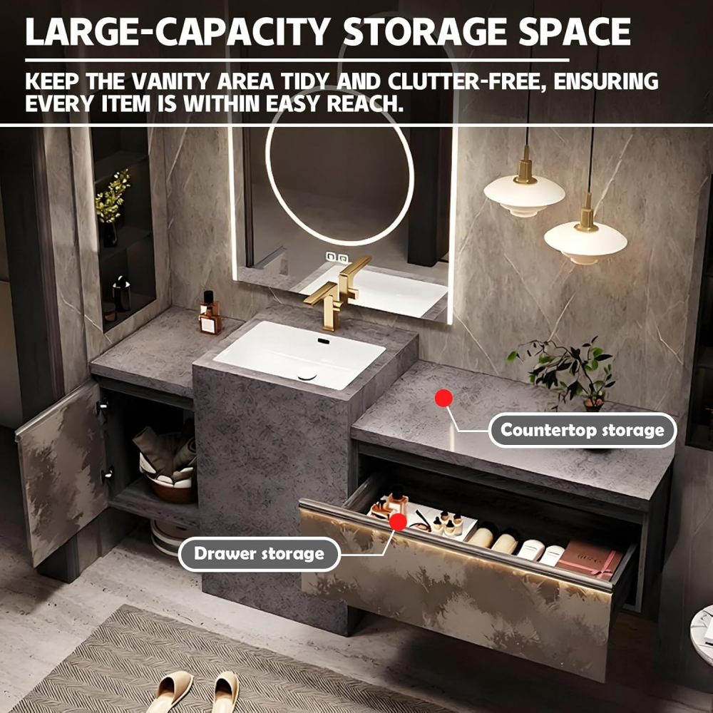 62IN Modern Bathroom Vanity with Sink - Wall-Mounted Floating Vanity Cabinet with Smart Anti-Fog Mirror, Integrated Stone Sink, Stylish Design for Bathroom Renovation, Mirror A