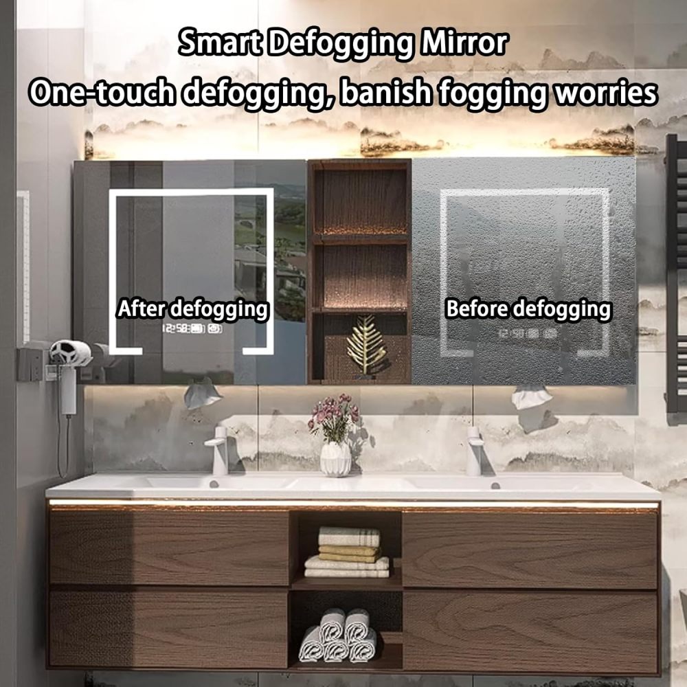 56IN Bathroom Vanity - Modern Bathroom Vanity with Sink & 4 Drawers, Solid Wood Sink Cabinet with Smart Defogging Mirror and Open Storage Space, No Assembly Required, Wood