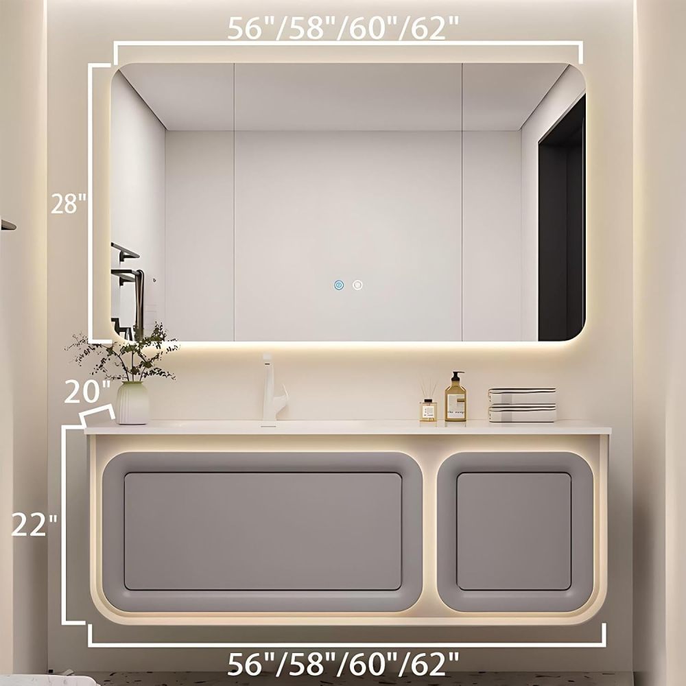 58IN Bathroom Vanity with Sink - Modern Floating Vanity with Smart Anti-Fog Mirror, Solid Wood Bathroom Sink Cabinet, Large Storage Space, Customizable - Complete Accessories, Grey