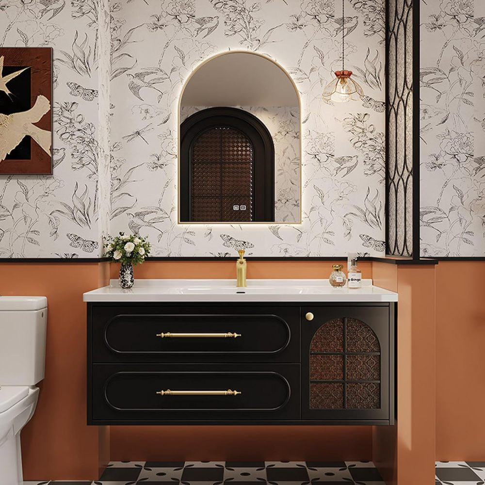 84IN Modern Solid Wood Bathroom Vanity with Sink - Stylish Wall-Mounted Vanity Cabinet with Smart Anti-Fog Mirror, Integrated Stone Sink, Silent Drawers & Customizable Sizes, Mirror D