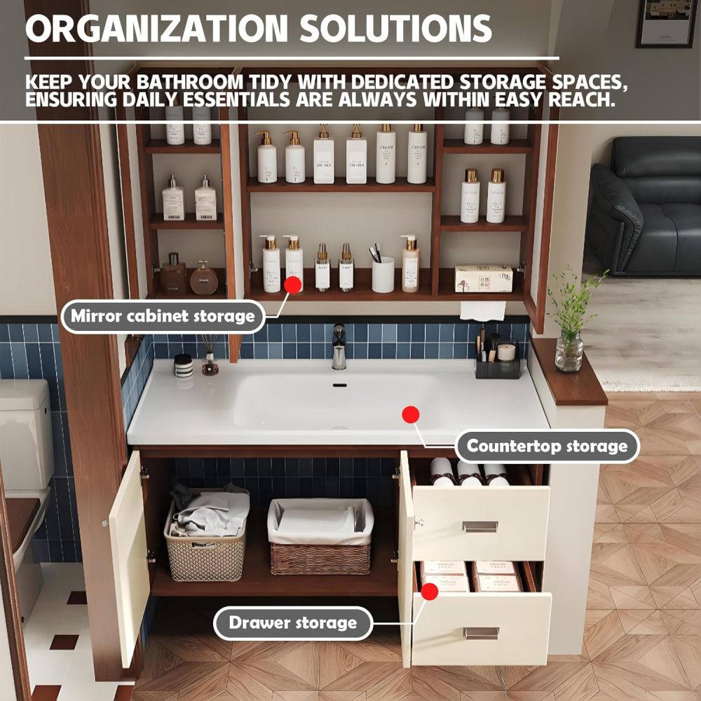52IN Modern Solid Wood Bathroom Vanity with Sink - Floating Vanity Cabinet, Intelligent Defogging Mirror, One-Piece Stone Sink, Spacious Storage, Waterproof & Customizable Sizes, Mirror C