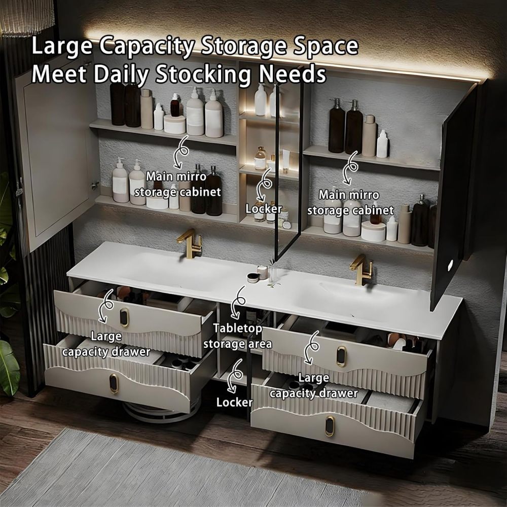 102IN Double Sink Bathroom Vanity - Modern Bathroom Vanity with Smart Defog Mirror, Floating Bathroom Sink Cabinet with 4 Drawers & Seamless Sink, No Assembly Required, Grey