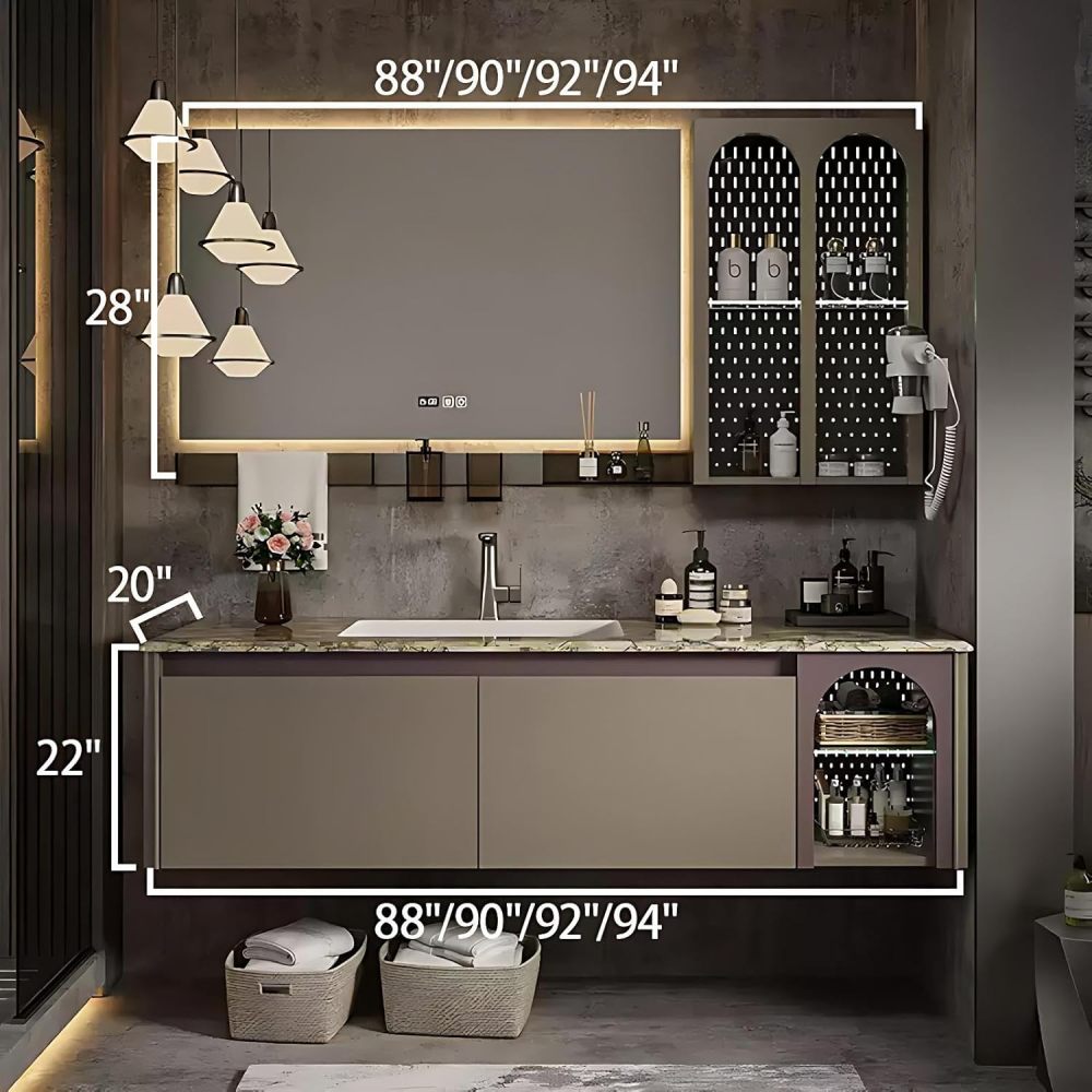 92IN Bathroom Vanity with Sink - Single Bathroom Sink Cabinet with Intelligent Defogging Mirror, Floating Vanity, Multilayer Solid Wood, Custom Size Option - Complete Accessories, Brown