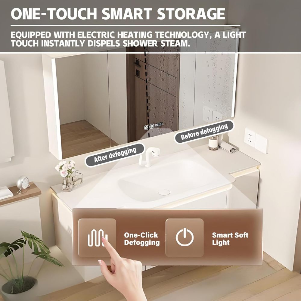 94IN Modern Solid Wood Bathroom Vanity with Sink - Single Floating Sink, Bathroom Vanity Cabinet with Smart Anti-Fog Mirror, Ample Storage, Integrated Stone Sink|Customizable, Mirror