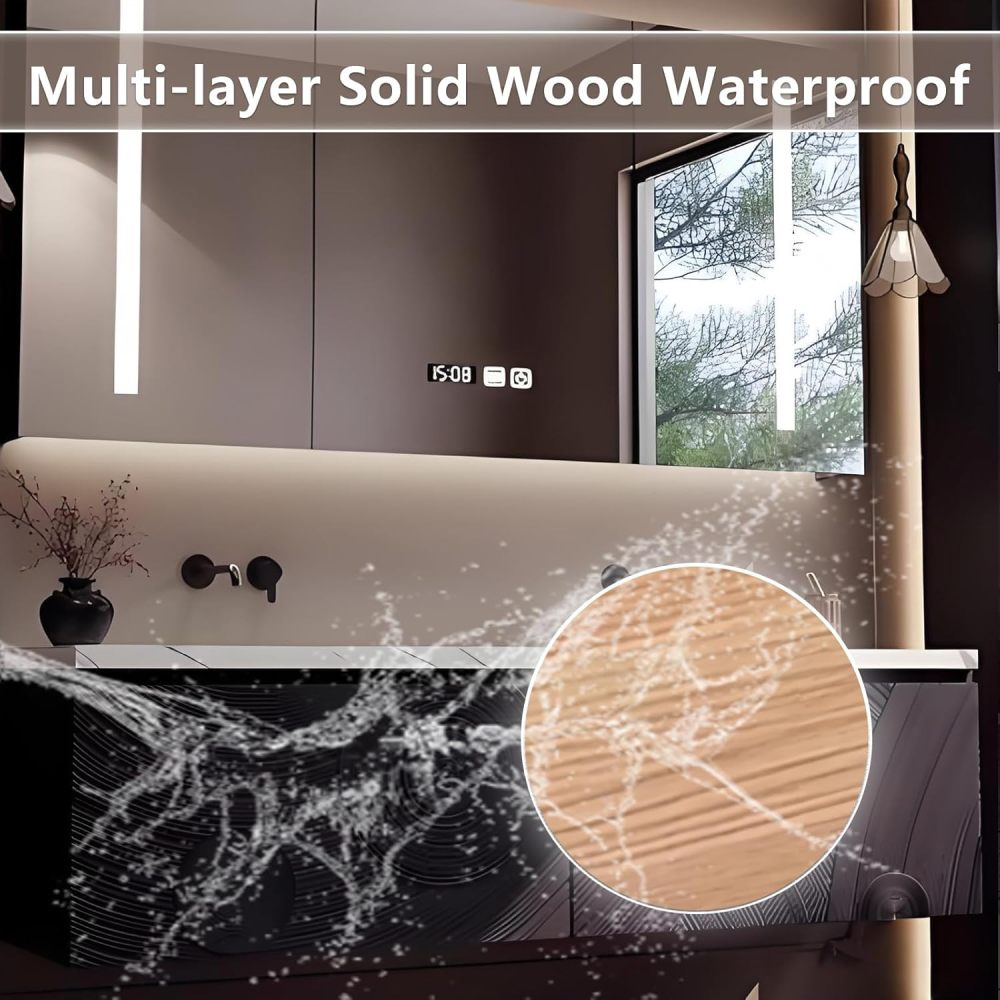 64IN Double Sink Bathroom Vanity - Luxury Bathroom Vanity with Smart Defog Mirror, One-Touch Defog & Lighting, Solid Wood Sink Cabinet with 2 Drawers, No Assembly Required, Mirror Cabinet