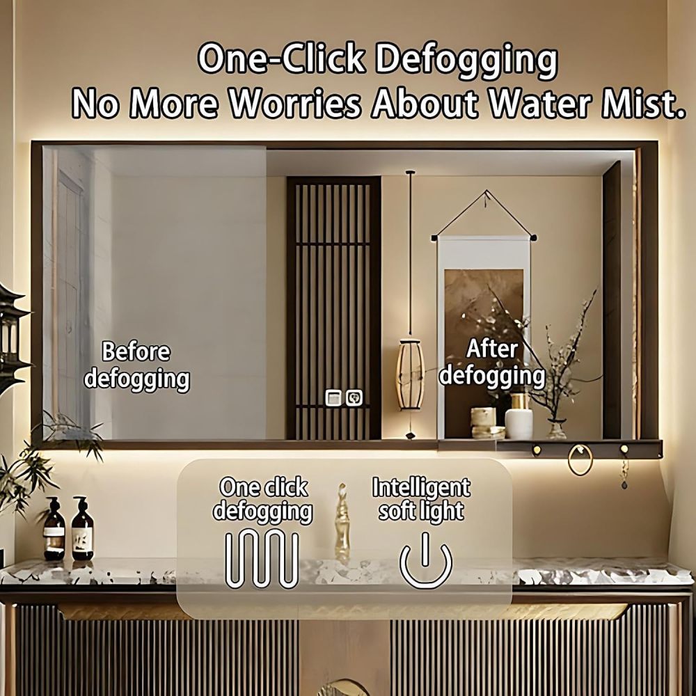 104IN Bathroom Vanity - Solid Wood Bathroom Vanity with Smart Defog Mirror, Floating Sink Cabinet with 2 Large Capacity Drawers & Door, Complete Accessories, No Assembly Required, Mirror