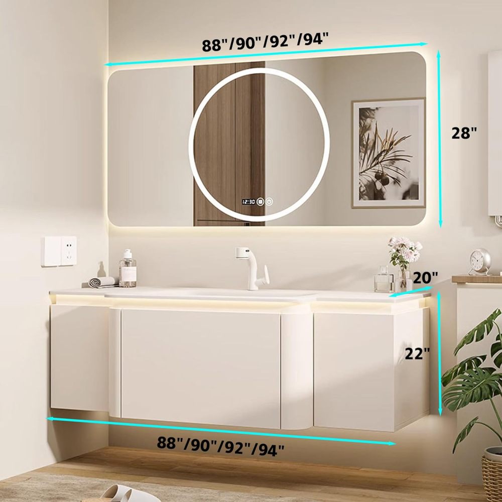 94IN Modern Solid Wood Bathroom Vanity with Sink - Single Floating Sink, Bathroom Vanity Cabinet with Smart Anti-Fog Mirror, Ample Storage, Integrated Stone Sink|Customizable, Mirror