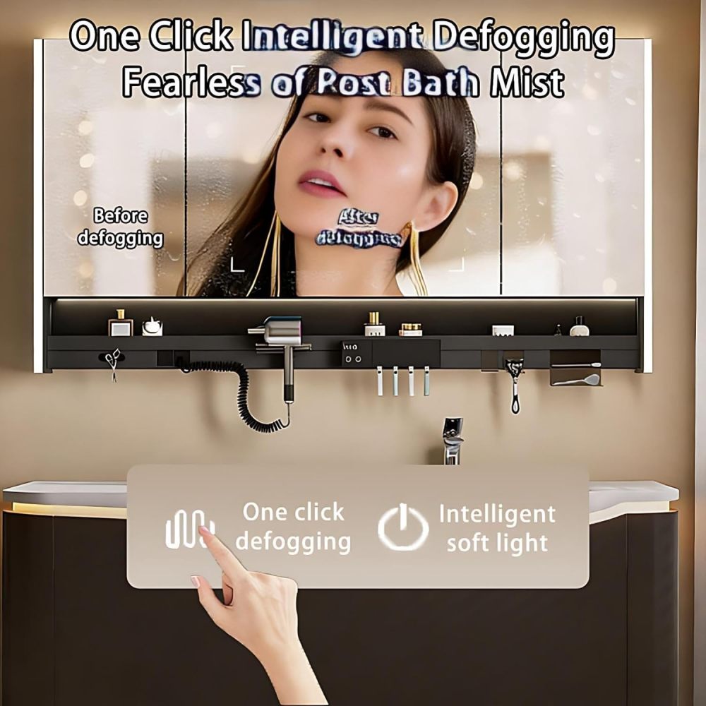 72IN Bathroom Vanity with Sink - Modern Bathroom Vanity with 3 Drawers, Solid Wood Sink Cabinet with Smart Defog Mirror, Complete Accessories, No Assembly Required, Black - Mirror Cabinet